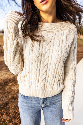 Cream Drop Shoulder Round Neck Cable Knit Sweater