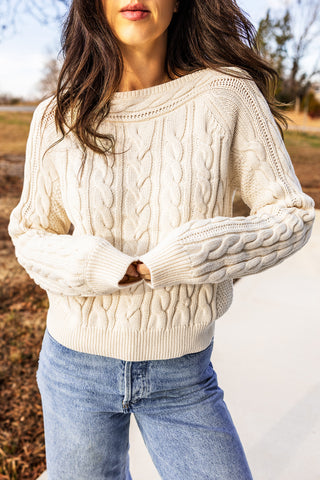 Cream Drop Shoulder Round Neck Cable Knit Sweater