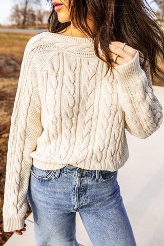 Cream Drop Shoulder Round Neck Cable Knit Sweater