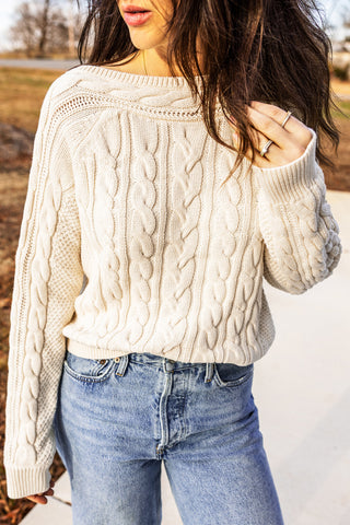 Cream Drop Shoulder Round Neck Cable Knit Sweater