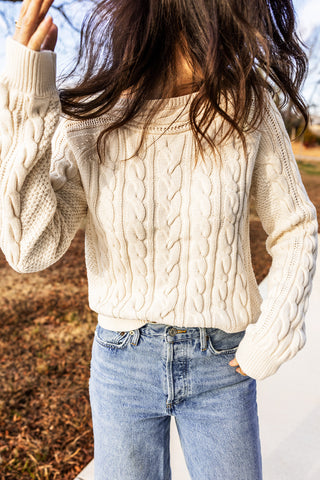Cream Drop Shoulder Round Neck Cable Knit Sweater