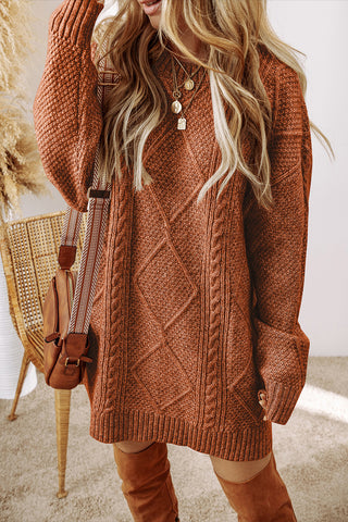 ***CLEARANCE **** Coffee Cable Knit Drop Shoulder Loose Fit Sweater Dress