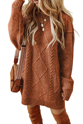 ***CLEARANCE **** Coffee Cable Knit Drop Shoulder Loose Fit Sweater Dress
