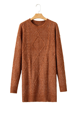 ***CLEARANCE **** Coffee Cable Knit Drop Shoulder Loose Fit Sweater Dress