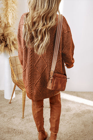 ***CLEARANCE **** Coffee Cable Knit Drop Shoulder Loose Fit Sweater Dress