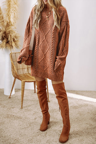 ***CLEARANCE **** Coffee Cable Knit Drop Shoulder Loose Fit Sweater Dress