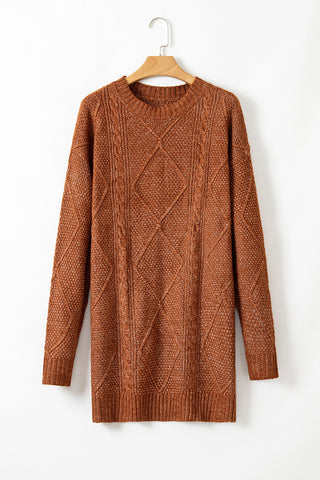 ***CLEARANCE **** Coffee Cable Knit Drop Shoulder Loose Fit Sweater Dress