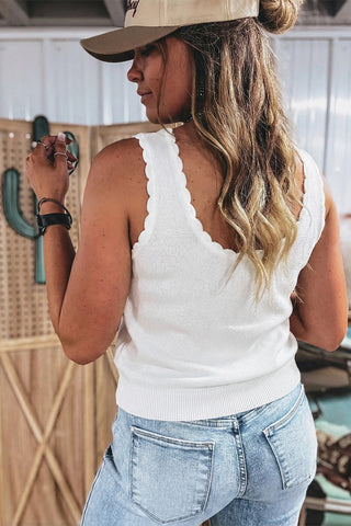 White Retro Floral Print Scalloped Square Neck Knit tank