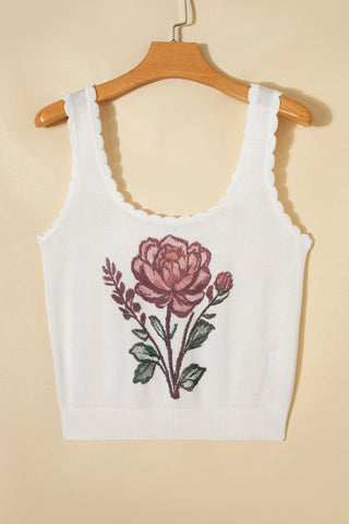 White Retro Floral Print Scalloped Square Neck Knit tank