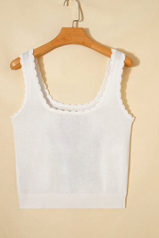White Retro Floral Print Scalloped Square Neck Knit tank