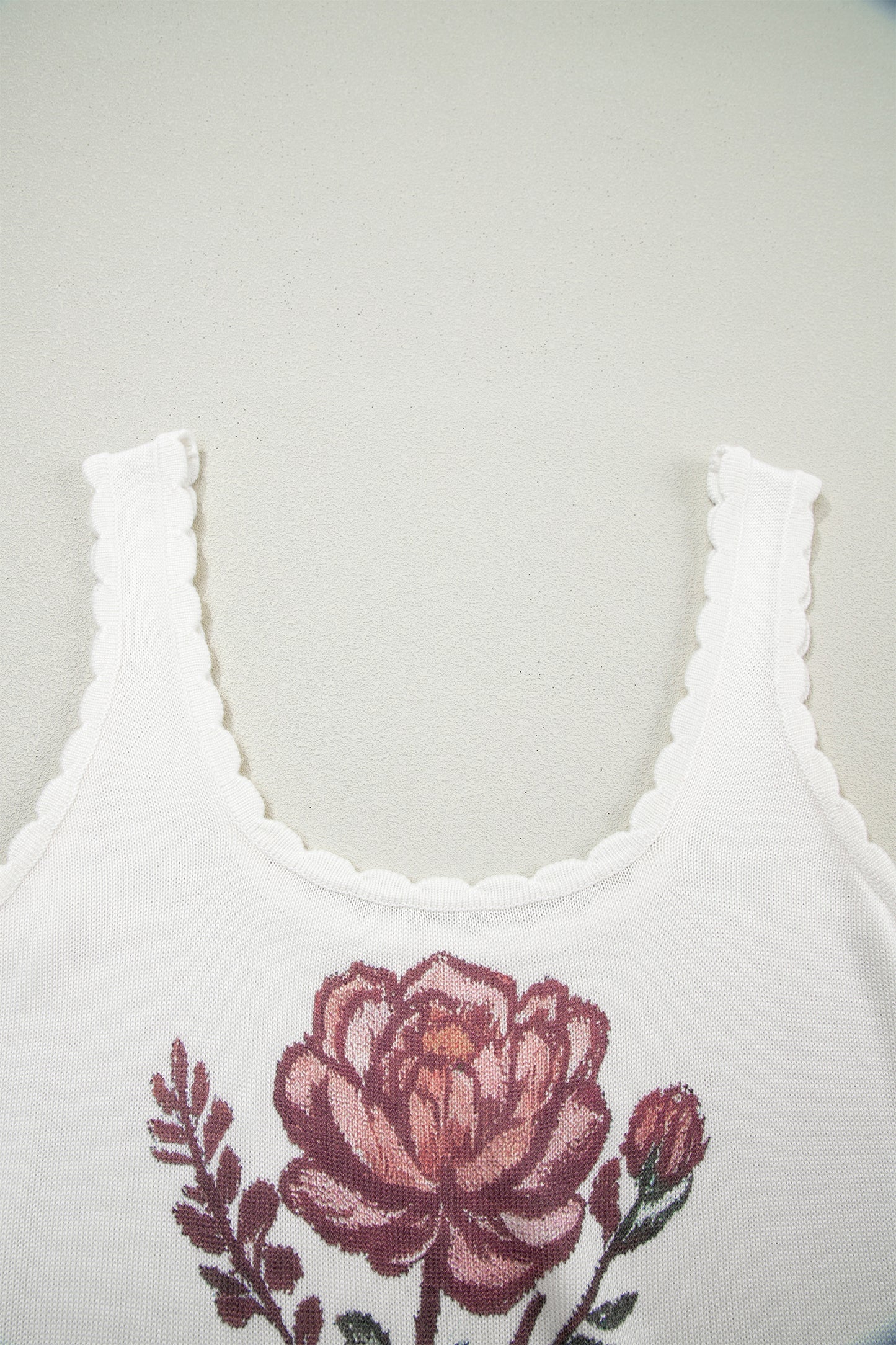 White Retro Floral Print Scalloped Square Neck Knit tank