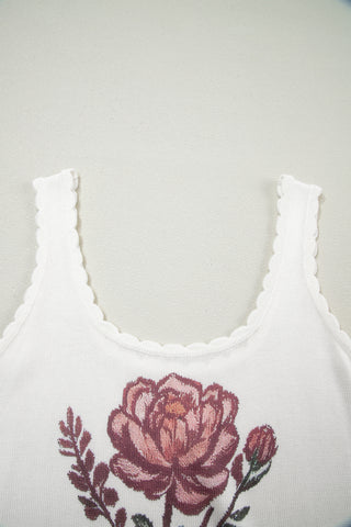 White Retro Floral Print Scalloped Square Neck Knit tank
