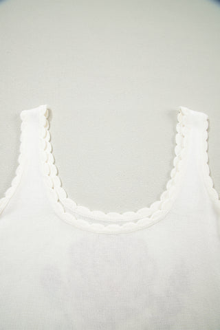 White Retro Floral Print Scalloped Square Neck Knit tank