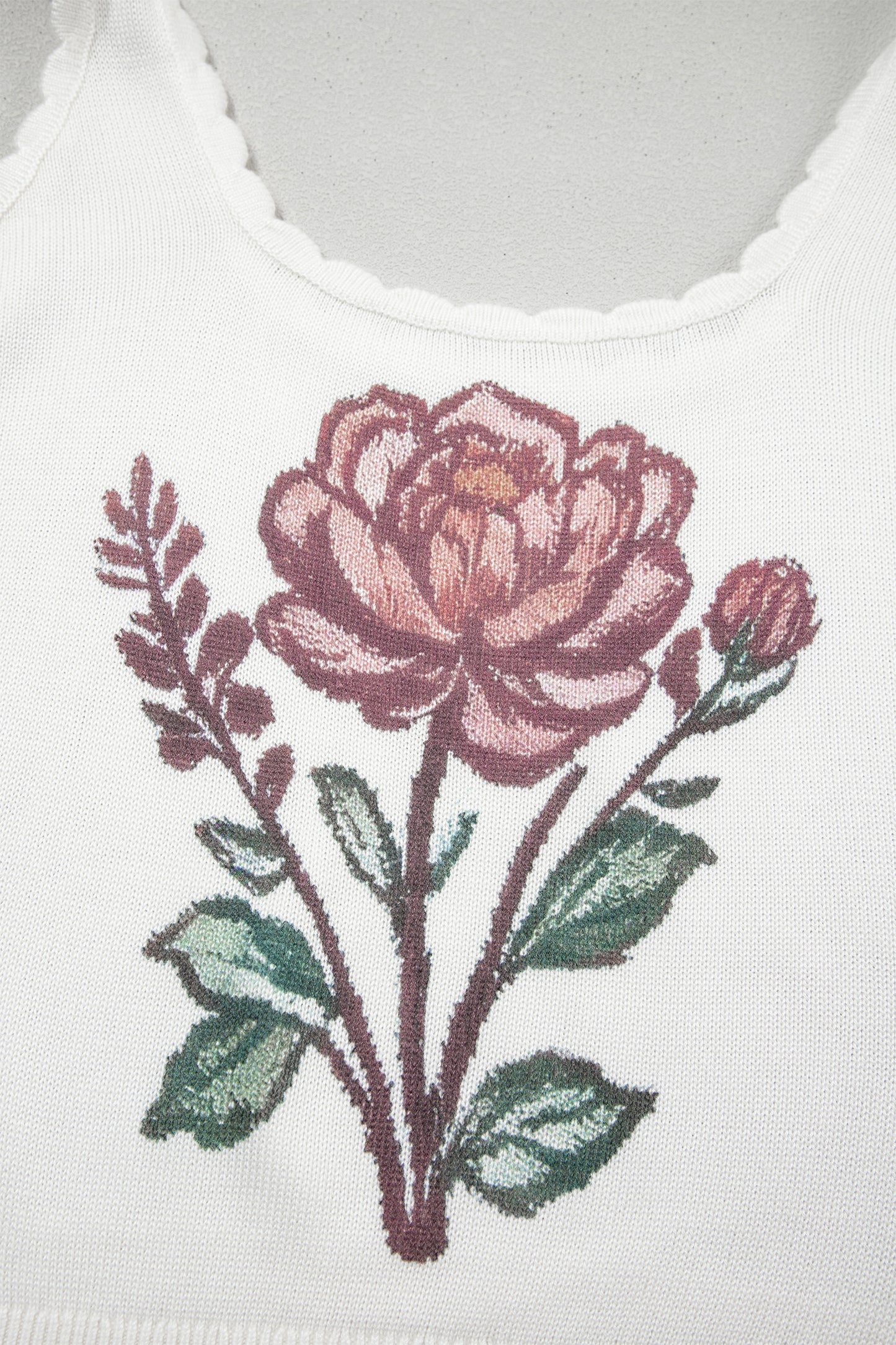 White Retro Floral Print Scalloped Square Neck Knit tank
