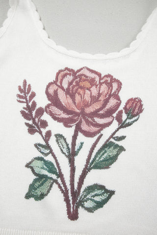 White Retro Floral Print Scalloped Square Neck Knit tank