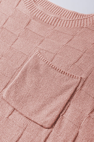 Dusty Pink Lattice Textured Knit Short Sleeve Sweater