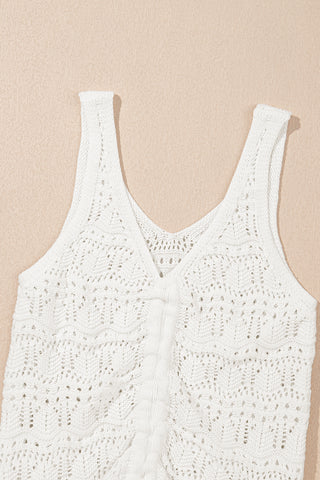 white hollow Out Drawstring V Neck Knit top tank