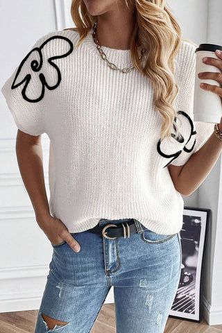 CLEARANCE Floral Pattern Short Batwing Sleeve Knitted Top