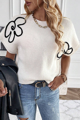 CLEARANCE Floral Pattern Short Batwing Sleeve Knitted Top