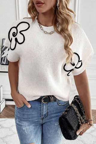 CLEARANCE Floral Pattern Short Batwing Sleeve Knitted Top