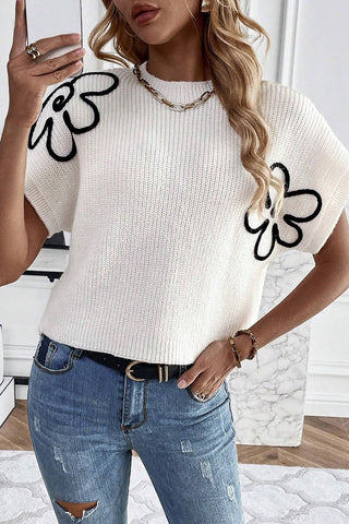 CLEARANCE Floral Pattern Short Batwing Sleeve Knitted Top