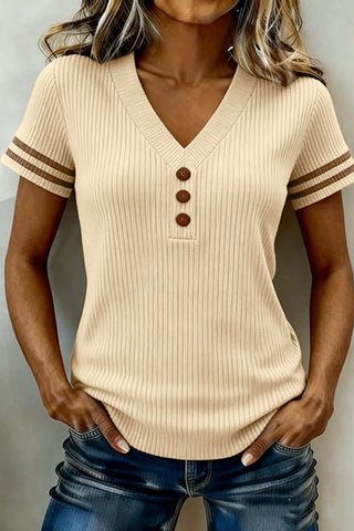 Cream  V Neck Ribbed Knit Striped Trim Short Sleeve Sweater