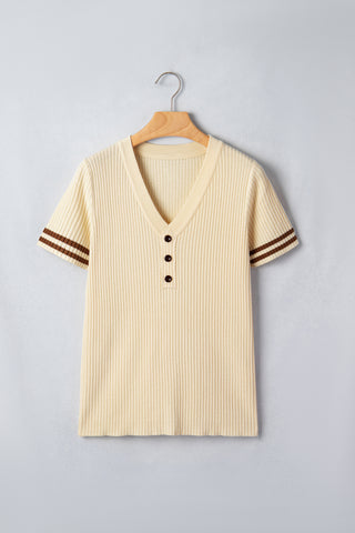 Cream  V Neck Ribbed Knit Striped Trim Short Sleeve Sweater