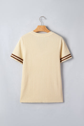 Cream  V Neck Ribbed Knit Striped Trim Short Sleeve Sweater