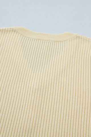 Cream  V Neck Ribbed Knit Striped Trim Short Sleeve Sweater