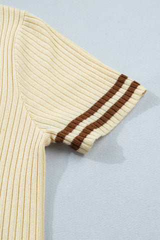 Cream  V Neck Ribbed Knit Striped Trim Short Sleeve Sweater