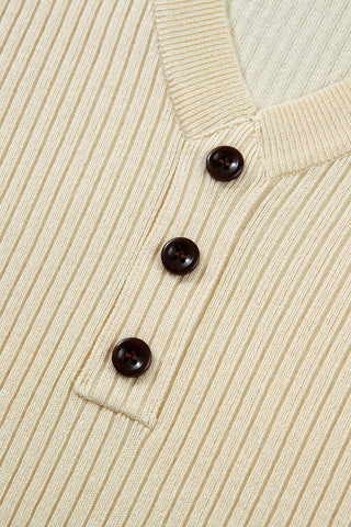 Cream  V Neck Ribbed Knit Striped Trim Short Sleeve Sweater