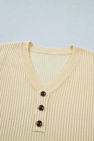 Cream  V Neck Ribbed Knit Striped Trim Short Sleeve Sweater