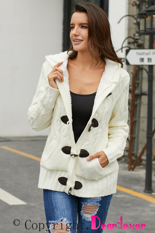 White Fur Hood Horn Button Sweater Cardigan