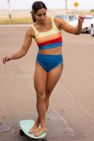 Blue Colorblock Top Pleated High Waisted Bikini Swimwear
