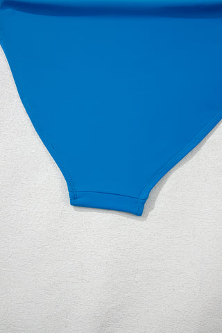 Blue Colorblock Top Pleated High Waisted Bikini Swimwear