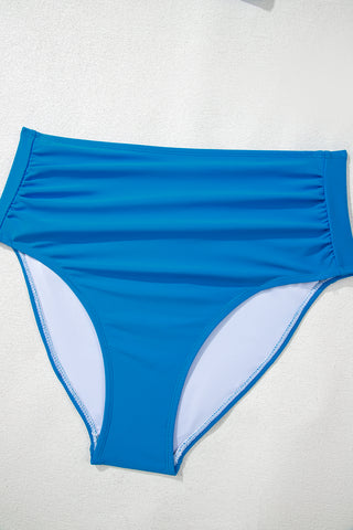Blue Colorblock Top Pleated High Waisted Bikini Swimwear