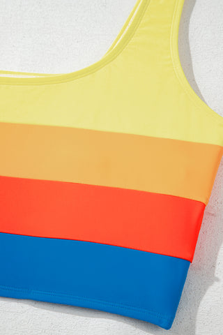 Blue Colorblock Top Pleated High Waisted Bikini Swimwear