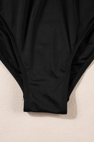 Black V Neck Twist Ruched Crisscross Backless One-Piece Swimsuit