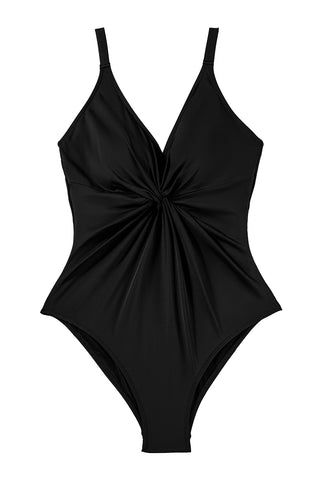 Black V Neck Twist Ruched Crisscross Backless One-Piece Swimsuit