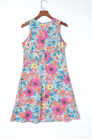 Multicolor Round Neck Sleeveless Floral Short Dress