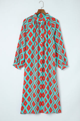 CLEARANCE Blue Western Geometric Print Split Buttoned Shirt Dress