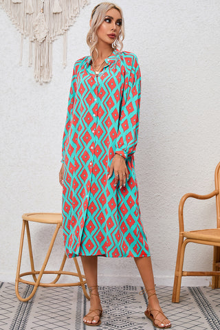 CLEARANCE Blue Western Geometric Print Split Buttoned Shirt Dress