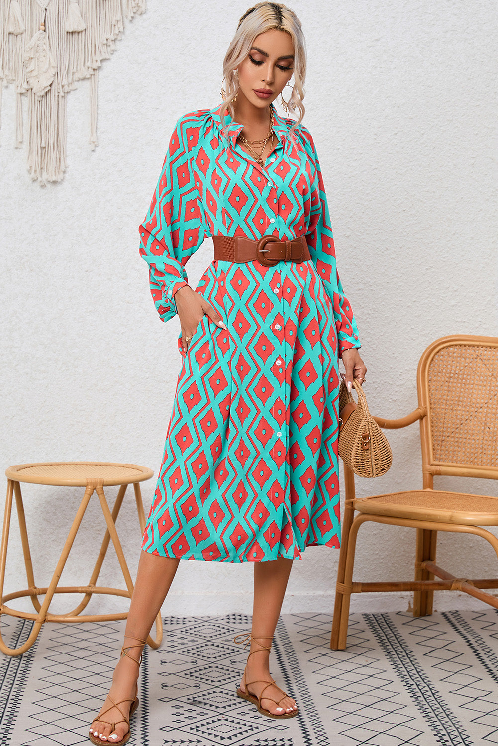 Sky Blue Western Geometric Print Split Buttoned Shirt Dress