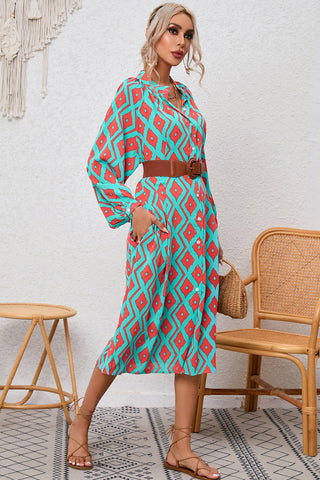 CLEARANCE Blue Western Geometric Print Split Buttoned Shirt Dress