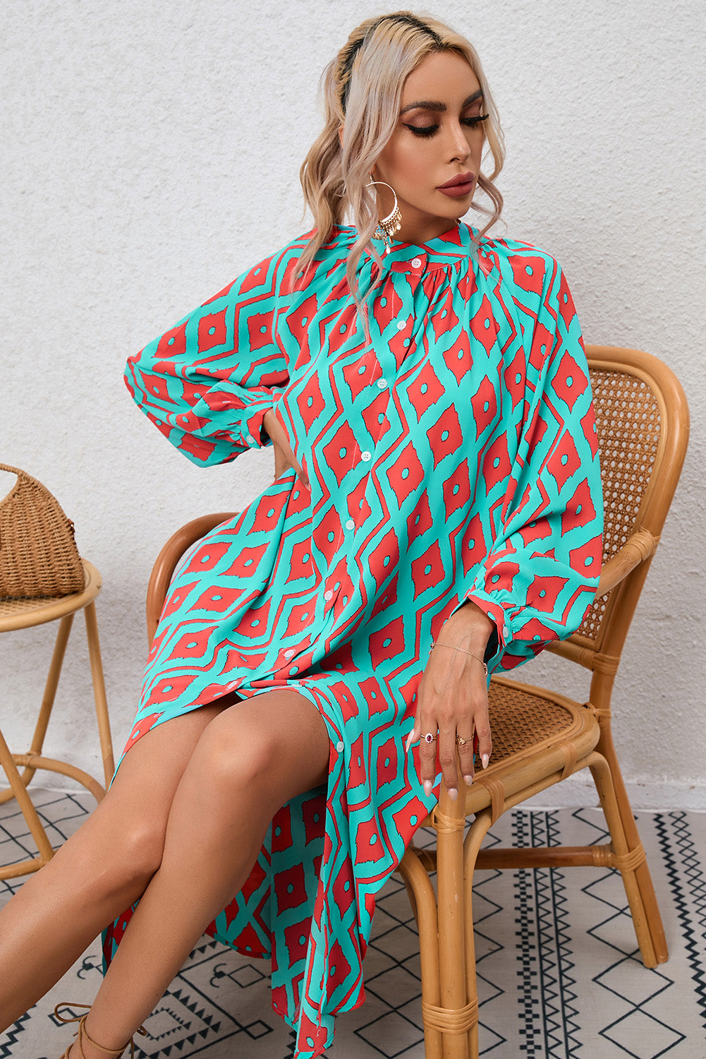 Sky Blue Western Geometric Print Split Buttoned Shirt Dress