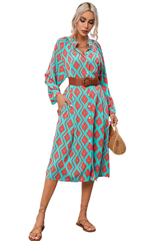 CLEARANCE Blue Western Geometric Print Split Buttoned Shirt Dress