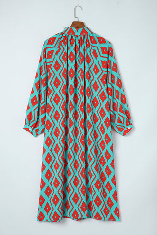 CLEARANCE Blue Western Geometric Print Split Buttoned Shirt Dress