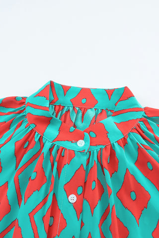 CLEARANCE Blue Western Geometric Print Split Buttoned Shirt Dress