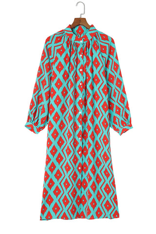 CLEARANCE Blue Western Geometric Print Split Buttoned Shirt Dress