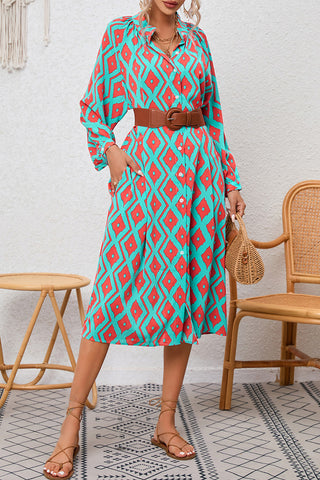 CLEARANCE Blue Western Geometric Print Split Buttoned Shirt Dress